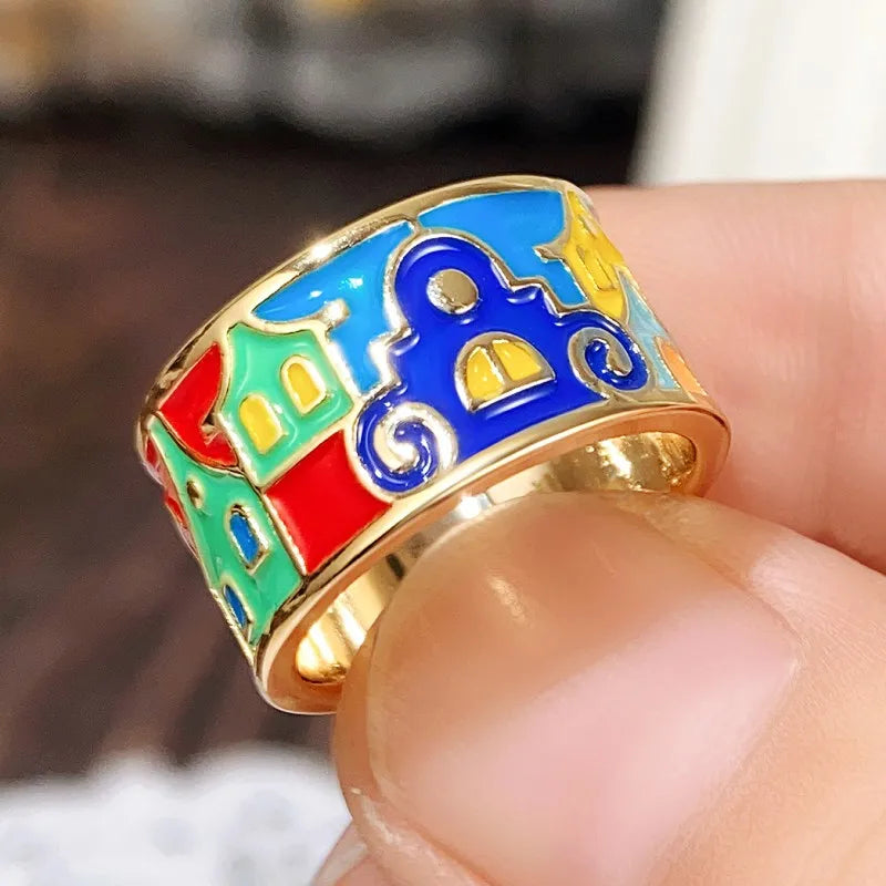 Vibrant Mosaic Deco Gold Ring