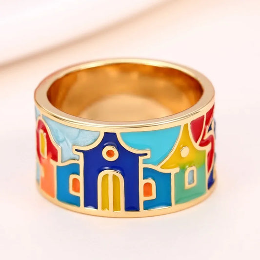 Vibrant Mosaic Deco Gold Ring