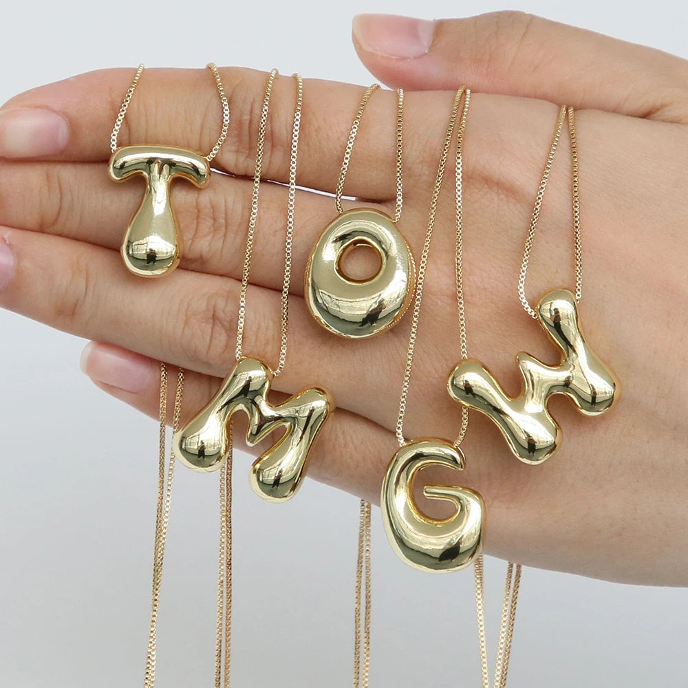 Balloon Bubble Letter Necklace - Gold A-Z Initial Pendant